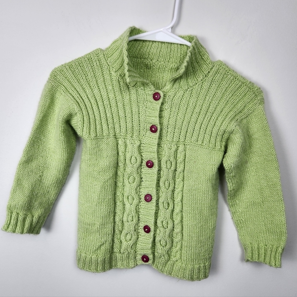 Set Of 2 HandKnit Cable Cardigan Sweaters Kids Size 3-4 Year Green Red Hand Knit